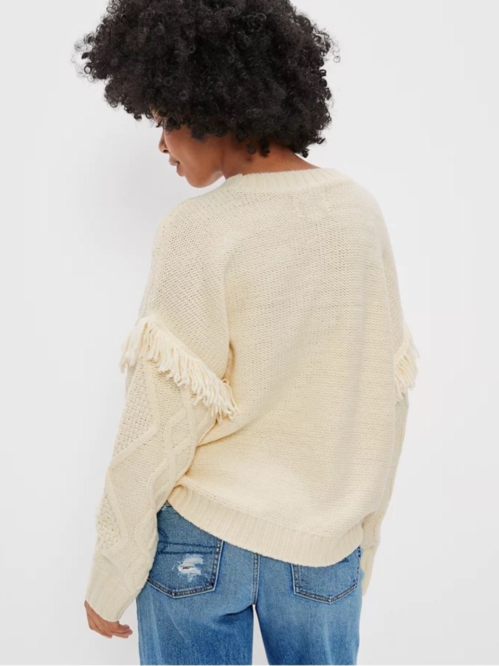 American Eagle Cream Cable Knit Fringe Sweater XL